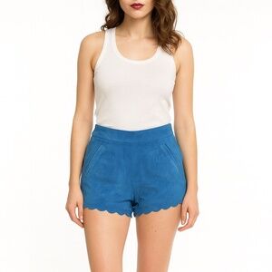 I LOVE H18 Teal Suede Leather Boho Festival High Rise Scalloped Hem Shorts 26